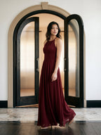 Burgundy Chiffon A-Line Halter Neckline Keyhole Back Floor-Length Bridesmaid Dress with Pleating - Curvevia