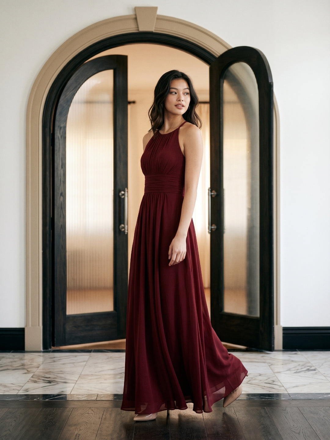 Burgundy Chiffon A-Line Halter Neckline Keyhole Back Floor-Length Bridesmaid Dress with Pleating - Curvevia