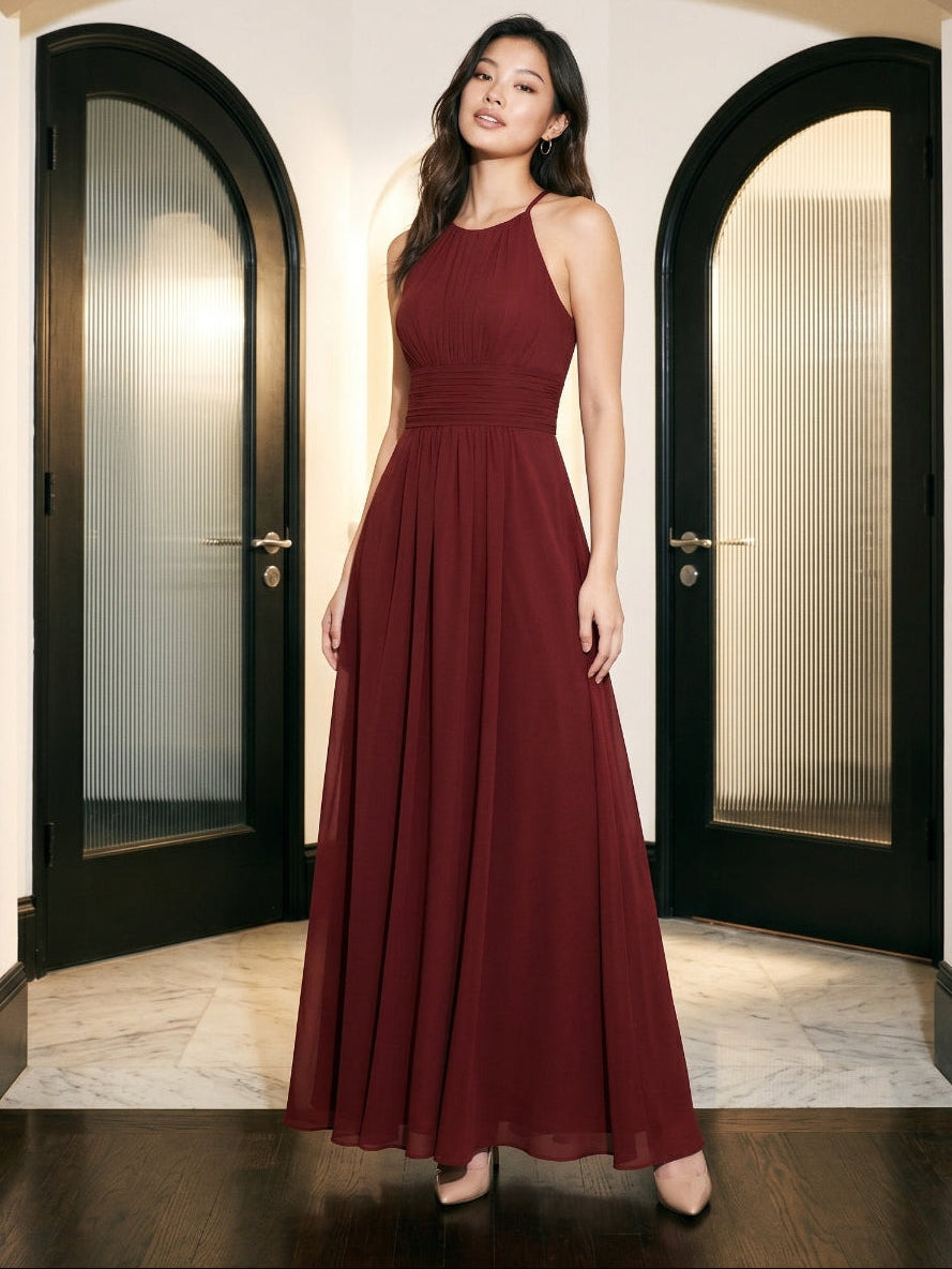 Burgundy Chiffon A-Line Halter Neckline Keyhole Back Floor-Length Bridesmaid Dress with Pleating - Curvevia