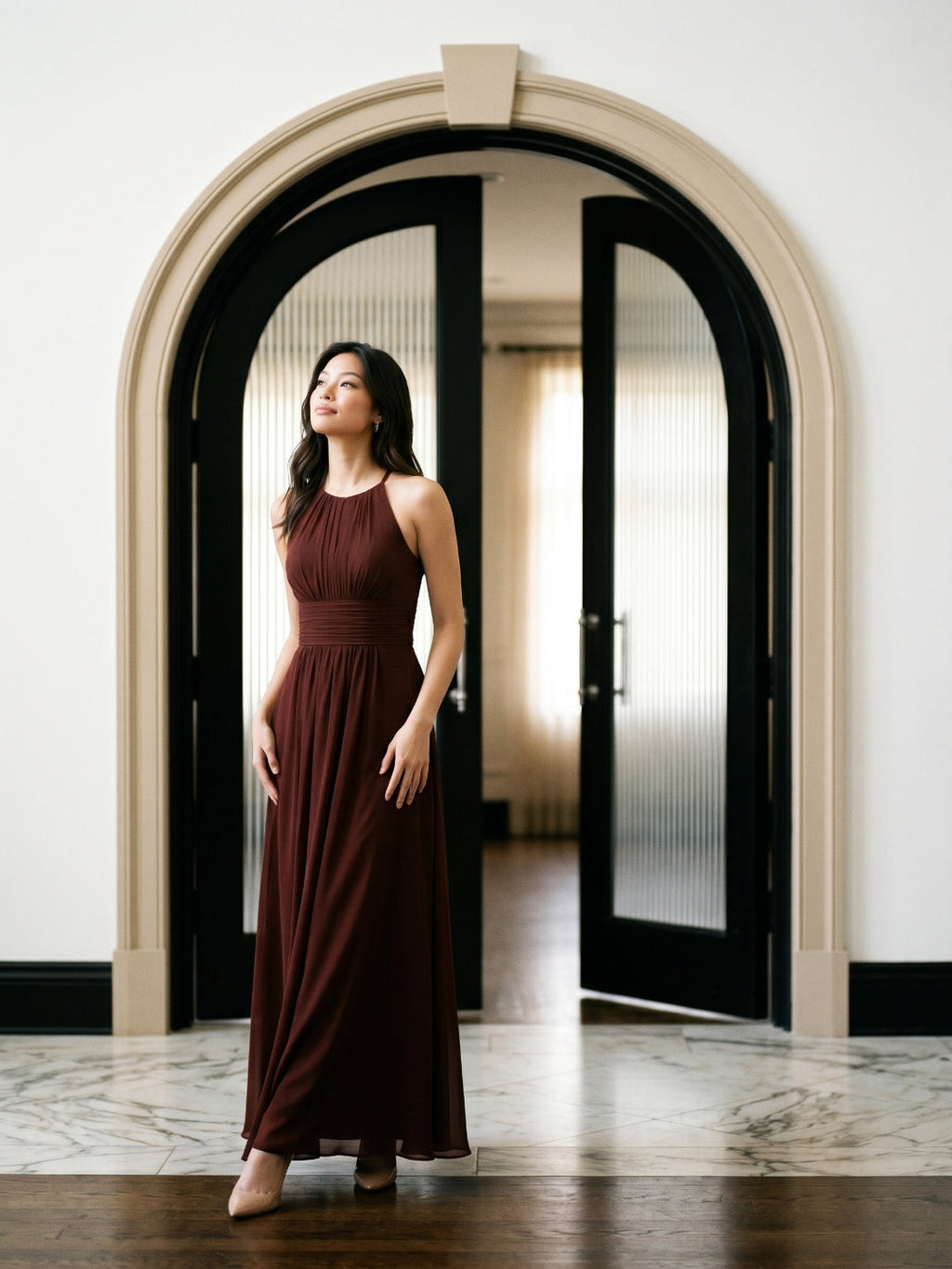 Burgundy Chiffon A-Line Halter Neckline Keyhole Back Floor-Length Bridesmaid Dress with Pleating - Curvevia