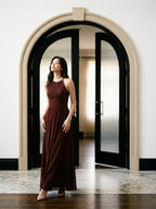 Burgundy Chiffon A-Line Halter Neckline Keyhole Back Floor-Length Bridesmaid Dress with Pleating - Curvevia