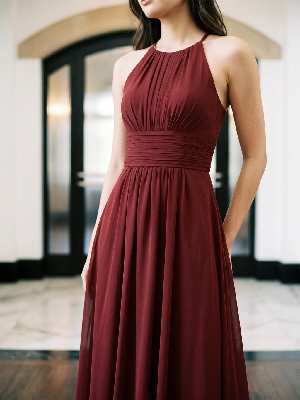 Burgundy Chiffon A-Line Halter Neckline Keyhole Back Floor-Length Bridesmaid Dress with Pleating - Curvevia