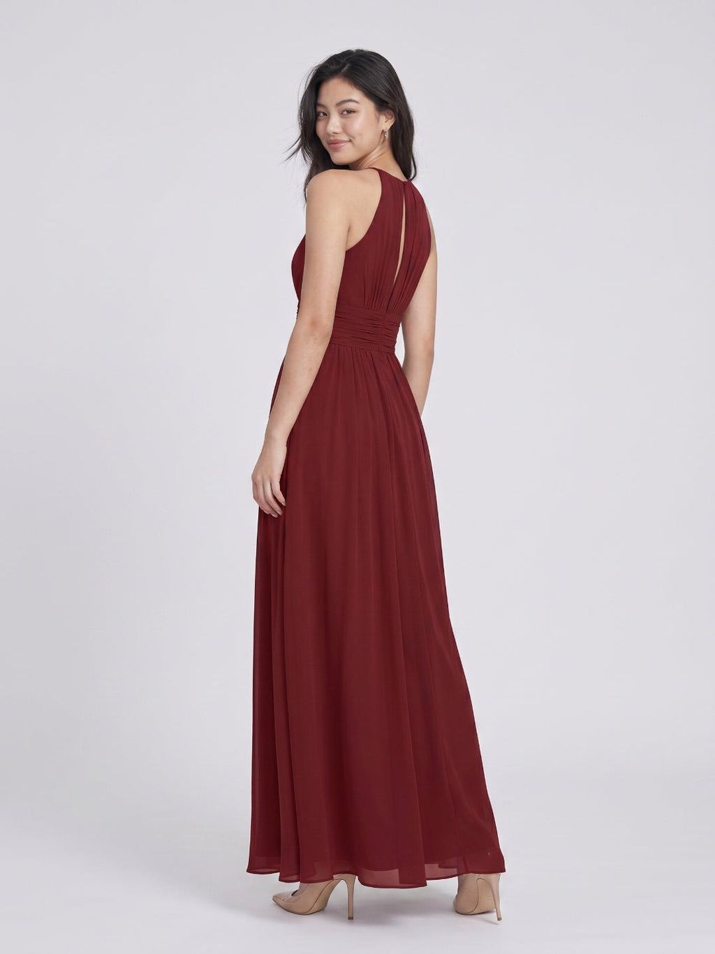 Burgundy Chiffon A-Line Halter Neckline Keyhole Back Floor-Length Bridesmaid Dress with Pleating - Curvevia