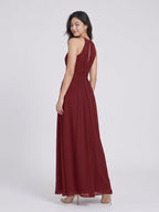 Burgundy Chiffon A-Line Halter Neckline Keyhole Back Floor-Length Bridesmaid Dress with Pleating - Curvevia