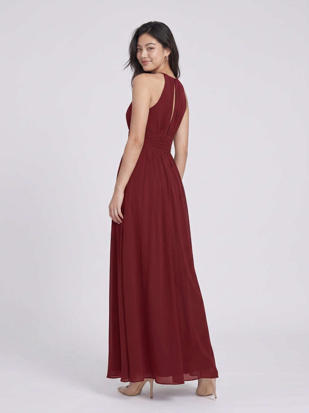 Burgundy Chiffon A-Line Halter Neckline Keyhole Back Floor-Length Bridesmaid Dress with Pleating - Curvevia