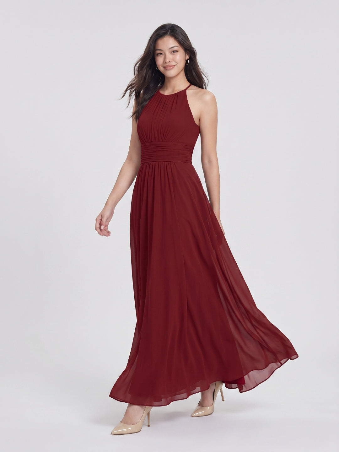 Burgundy Chiffon A-Line Halter Neckline Keyhole Back Floor-Length Bridesmaid Dress with Pleating - Curvevia