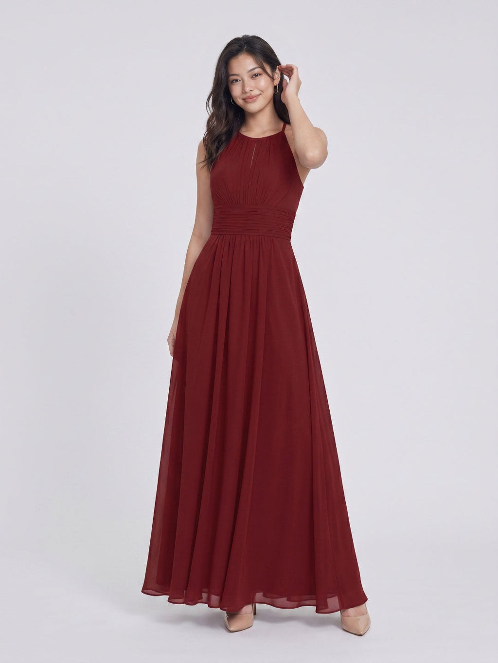 Burgundy Chiffon A-Line Halter Neckline Keyhole Back Floor-Length Bridesmaid Dress with Pleating - Curvevia