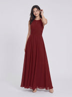 Burgundy Chiffon A-Line Halter Neckline Keyhole Back Floor-Length Bridesmaid Dress with Pleating - Curvevia