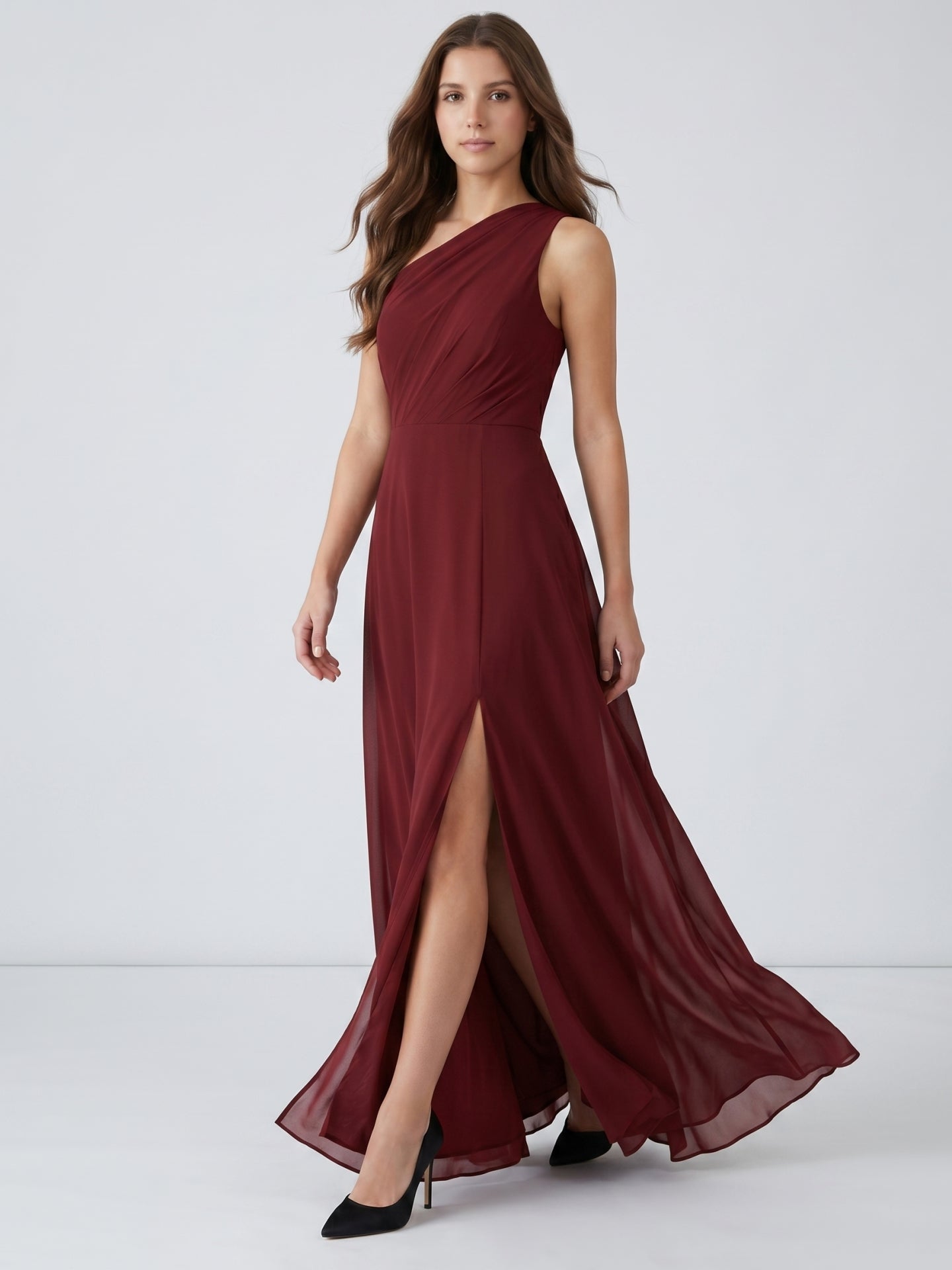 Burgundy Chiffon A-Line One Shoulder Lace-up Ankle-Length Bridesmaid Dress - Curvevia