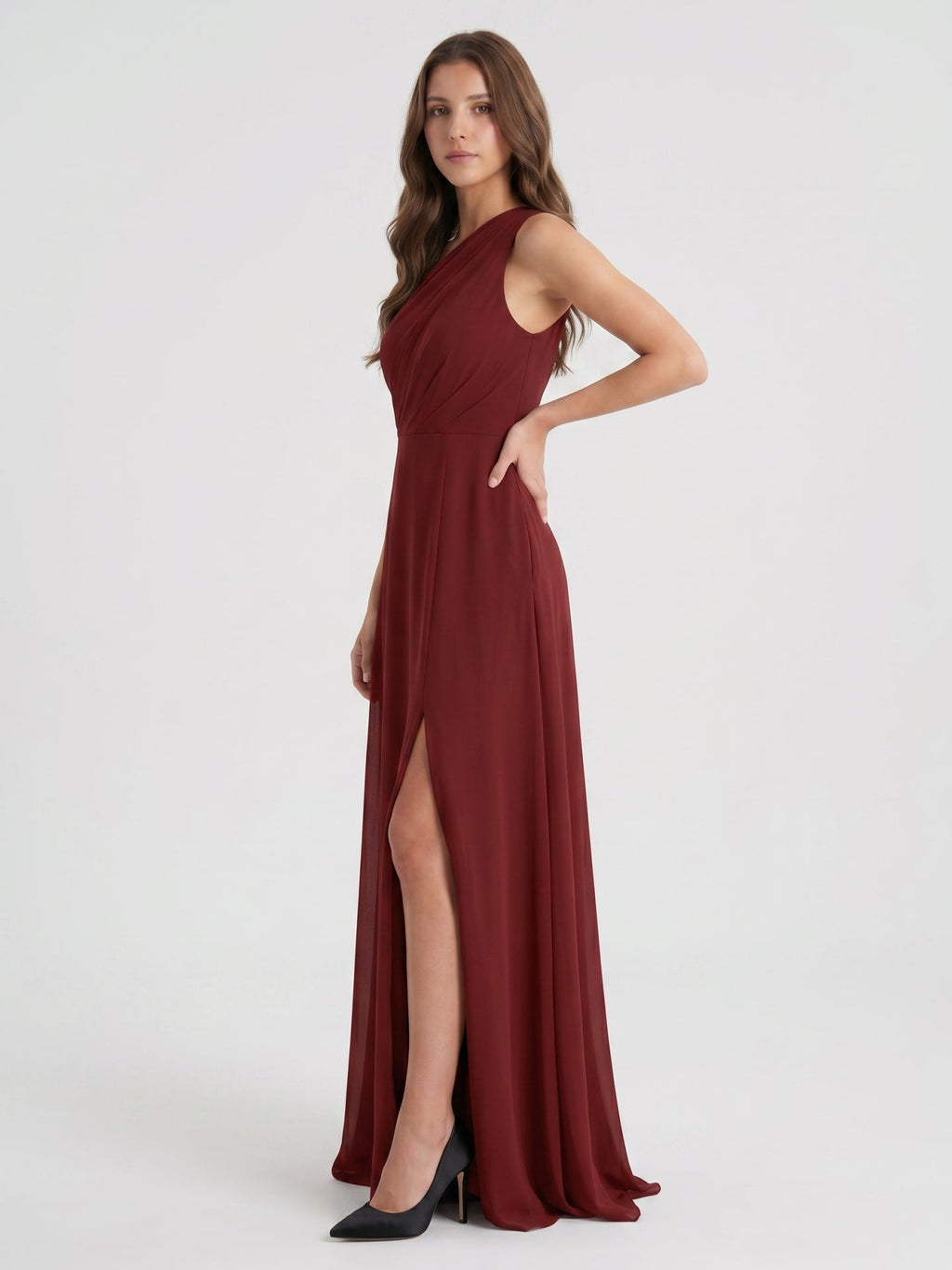 Burgundy Chiffon A-Line One Shoulder Lace-up Ankle-Length Bridesmaid Dress - Curvevia