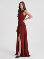 Burgundy Chiffon A-Line One Shoulder Lace-up Ankle-Length Bridesmaid Dress - Curvevia