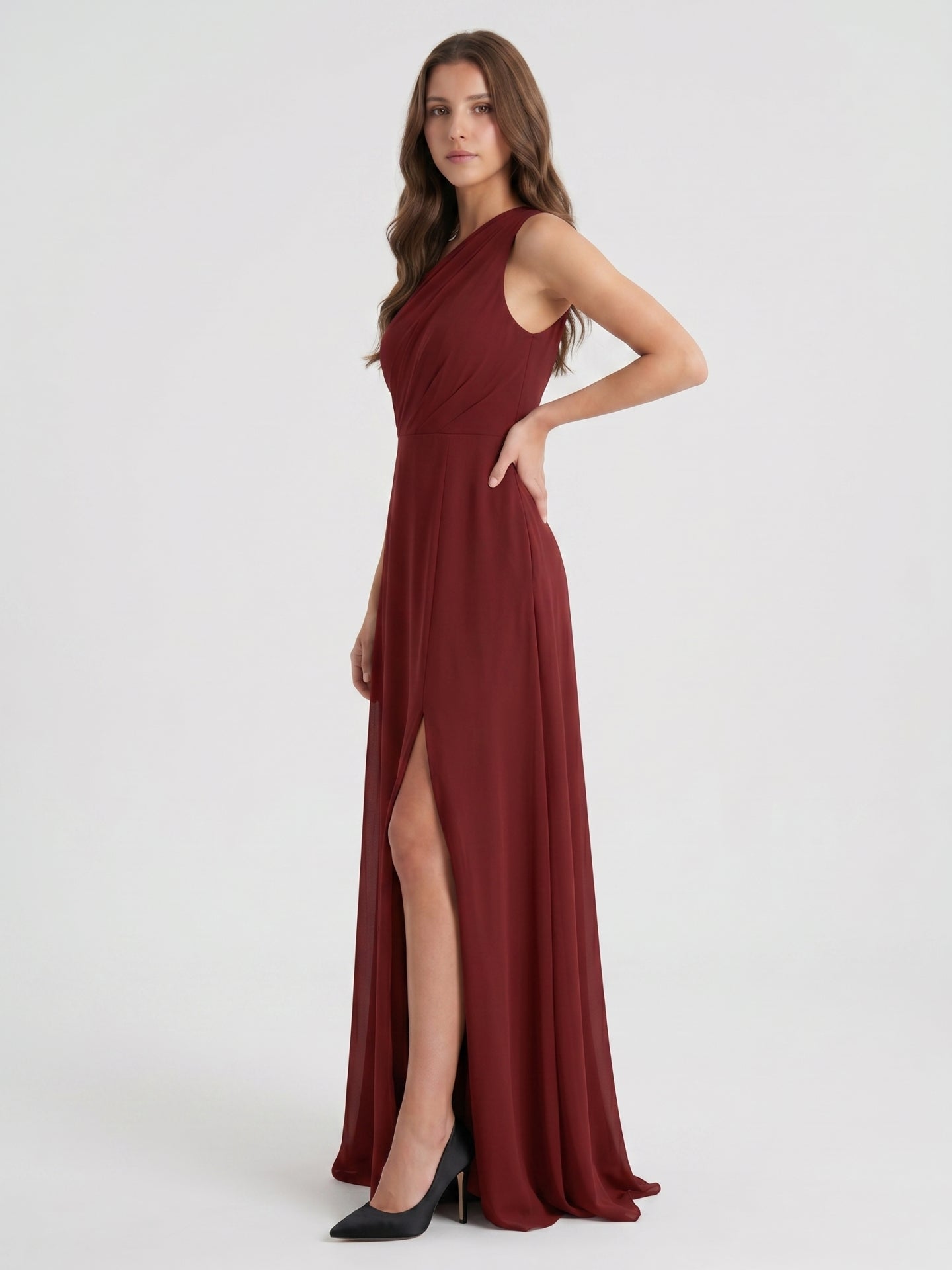 Burgundy Chiffon A-Line One Shoulder Lace-up Ankle-Length Bridesmaid Dress - Curvevia