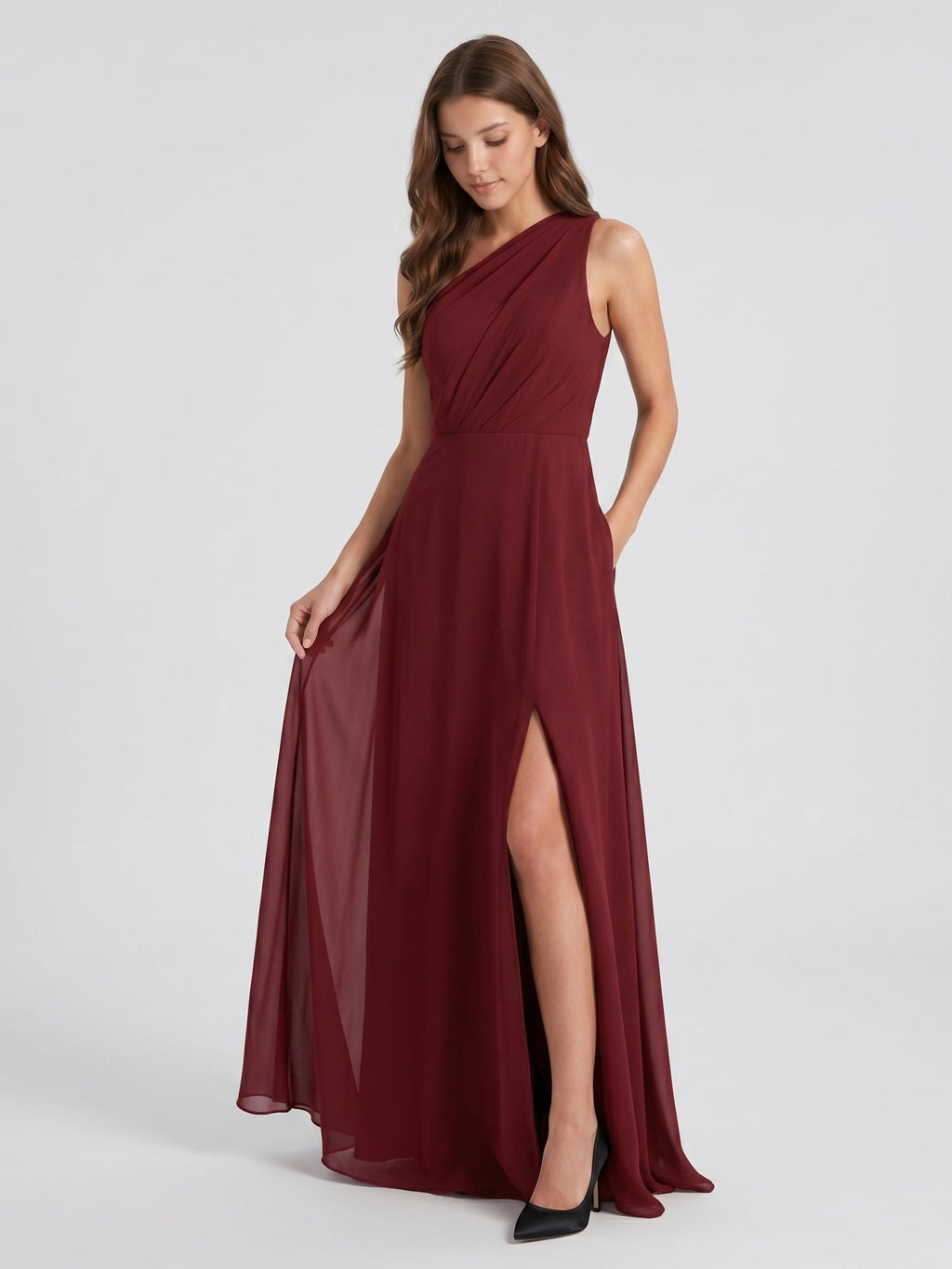 Burgundy Chiffon A-Line One Shoulder Lace-up Ankle-Length Bridesmaid Dress - Curvevia