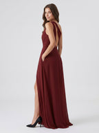 Burgundy Chiffon A-Line One Shoulder Lace-up Ankle-Length Bridesmaid Dress - Curvevia