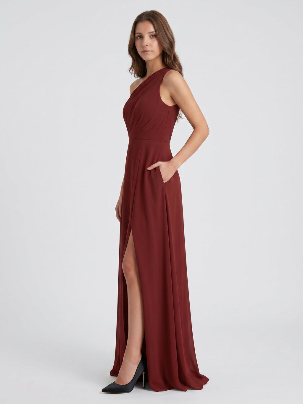 Burgundy Chiffon A-Line One Shoulder Lace-up Ankle-Length Bridesmaid Dress - Curvevia