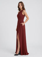 Burgundy Chiffon A-Line One Shoulder Lace-up Ankle-Length Bridesmaid Dress - Curvevia