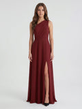 Burgundy Chiffon A-Line One Shoulder Lace-up Ankle-Length Bridesmaid Dress - Curvevia