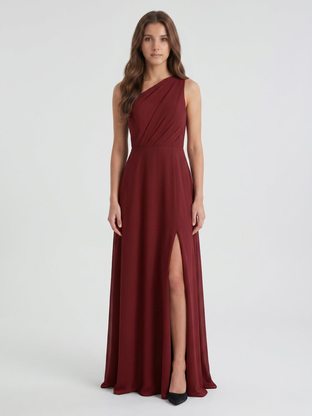 Burgundy Chiffon A-Line One Shoulder Lace-up Ankle-Length Bridesmaid Dress - Curvevia
