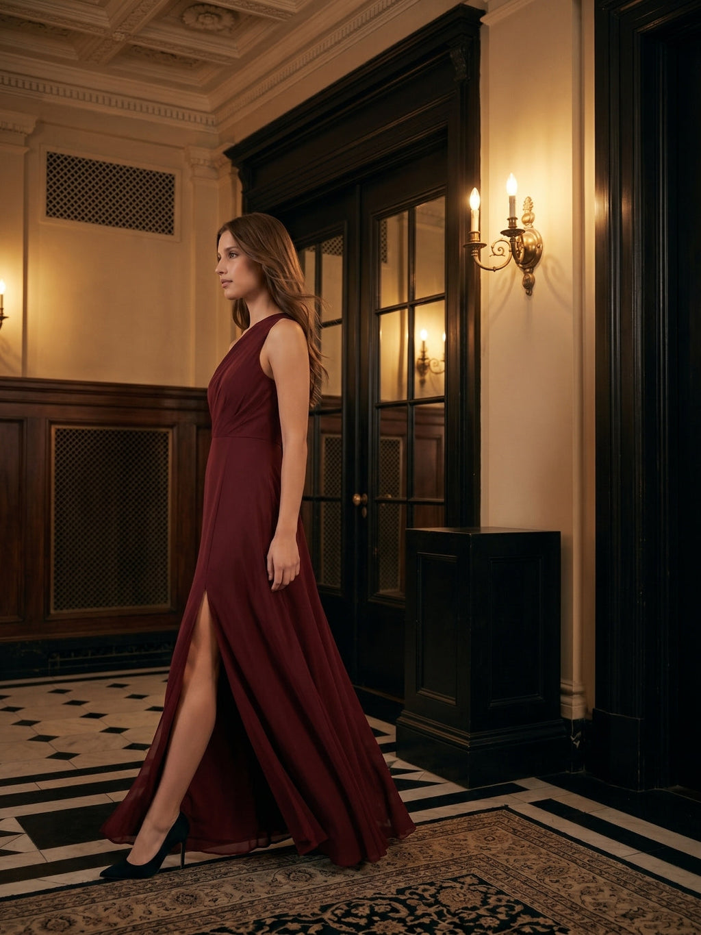 Burgundy Chiffon A-Line One Shoulder Lace-up Ankle-Length Bridesmaid Dress - Curvevia