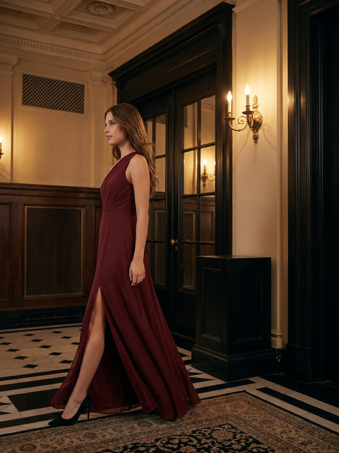 Burgundy Chiffon A-Line One Shoulder Lace-up Ankle-Length Bridesmaid Dress - Curvevia