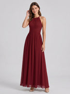 Burgundy Chiffon A-Line Scoop Neck Back Zip Floor-Length Bridesmaid Dress with Ruffles - Curvevia