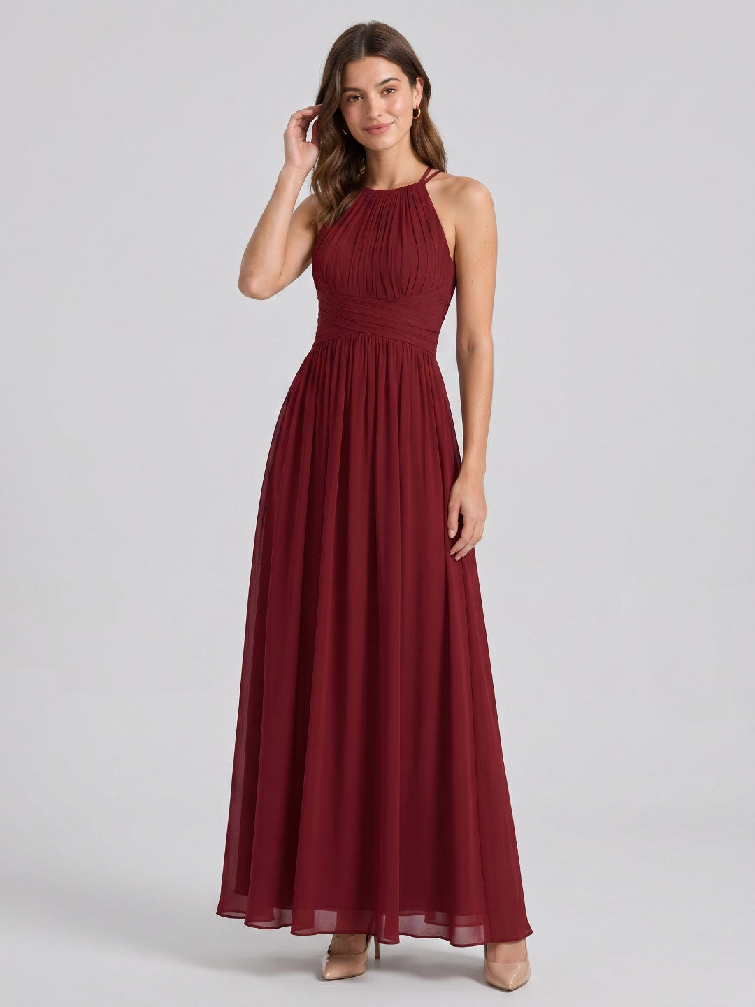 Burgundy Chiffon A-Line Scoop Neck Back Zip Floor-Length Bridesmaid Dress with Ruffles - Curvevia