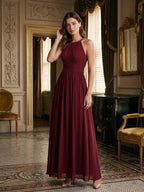 Burgundy Chiffon A-Line Scoop Neck Back Zip Floor-Length Bridesmaid Dress with Ruffles - Curvevia