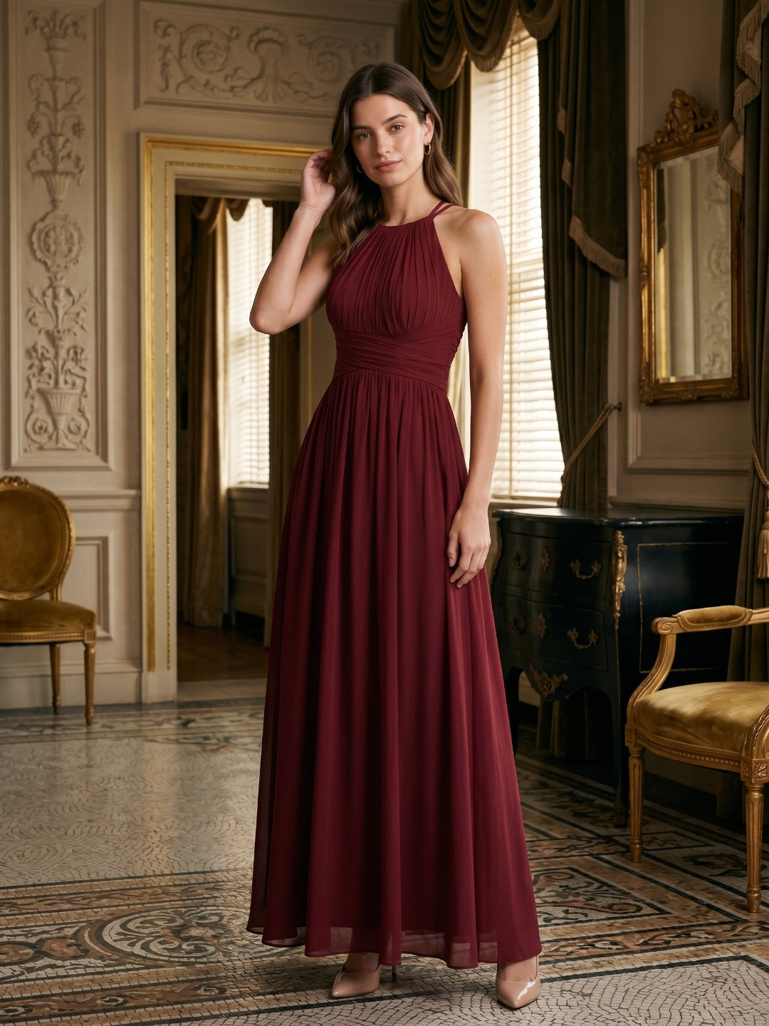 Burgundy Chiffon A-Line Scoop Neck Back Zip Floor-Length Bridesmaid Dress with Ruffles - Curvevia