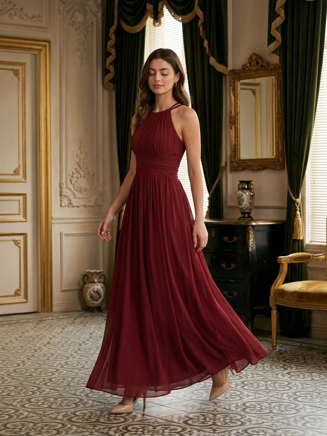 Burgundy Chiffon A-Line Scoop Neck Back Zip Floor-Length Bridesmaid Dress with Ruffles - Curvevia