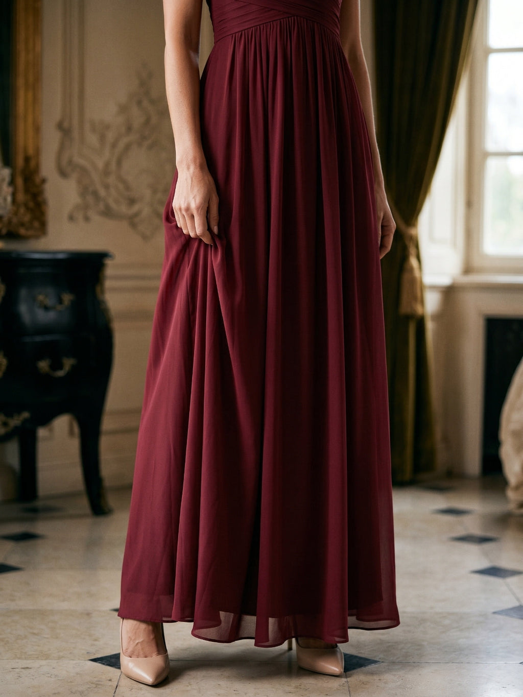 Burgundy Chiffon A-Line Scoop Neck Back Zip Floor-Length Bridesmaid Dress with Ruffles - Curvevia