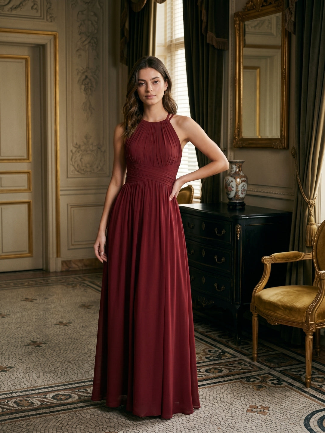 Burgundy Chiffon A-Line Scoop Neck Back Zip Floor-Length Bridesmaid Dress with Ruffles - Curvevia