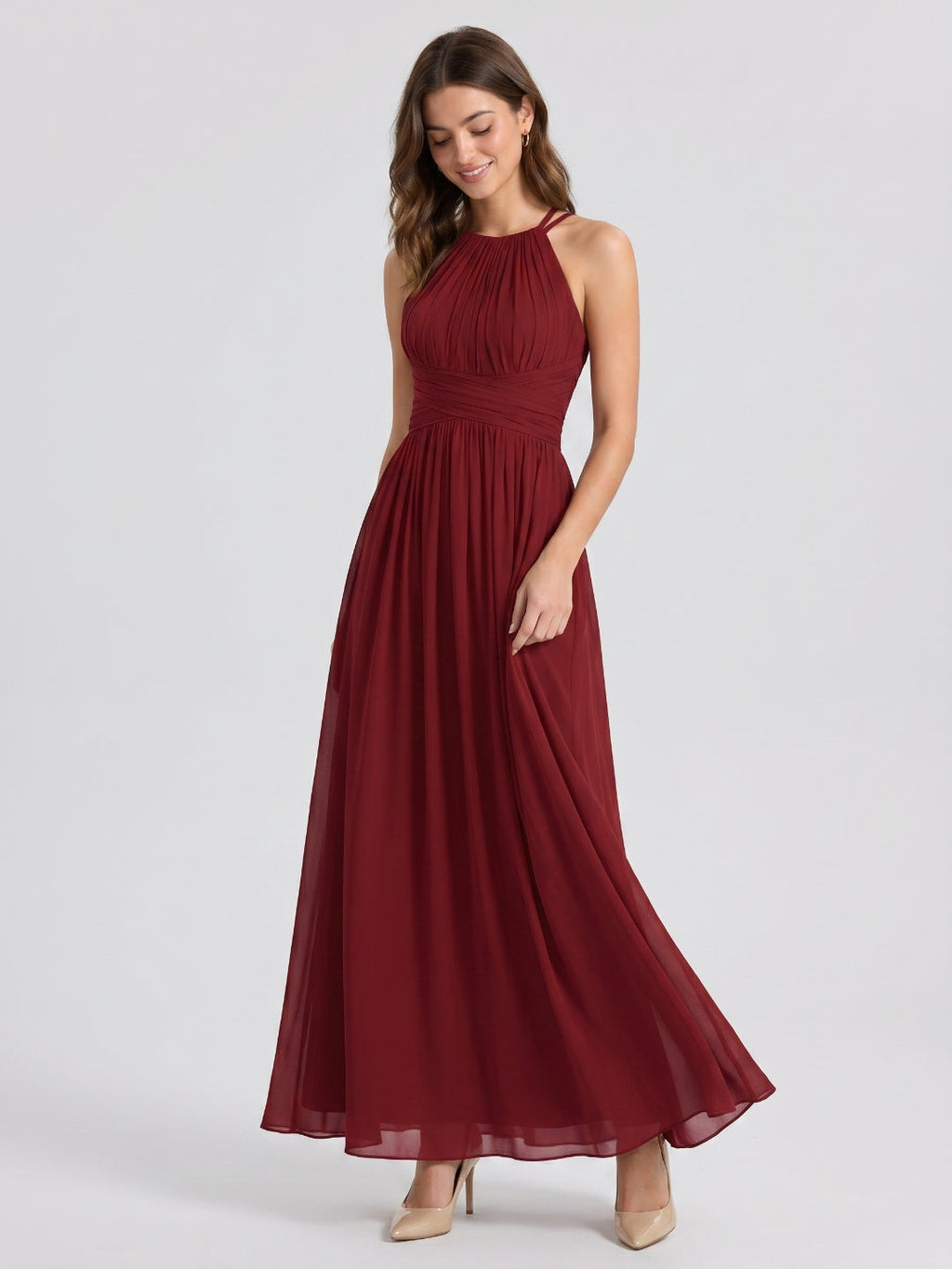 Burgundy Chiffon A-Line Scoop Neck Back Zip Floor-Length Bridesmaid Dress with Ruffles - Curvevia