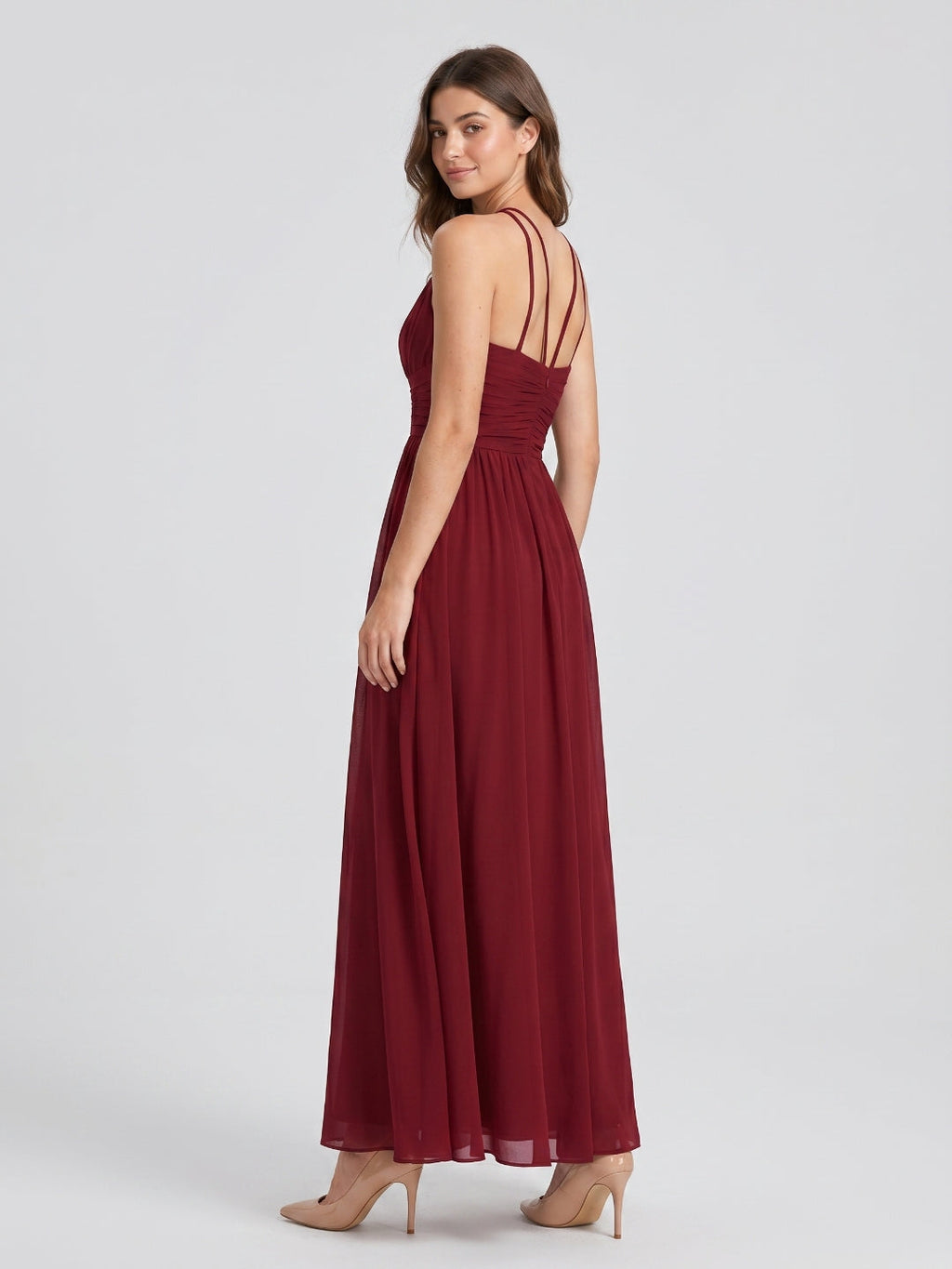 Burgundy Chiffon A-Line Scoop Neck Back Zip Floor-Length Bridesmaid Dress with Ruffles - Curvevia