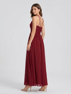 Burgundy Chiffon A-Line Scoop Neck Back Zip Floor-Length Bridesmaid Dress with Ruffles - Curvevia