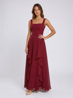 Burgundy Chiffon A-Line Square Criss-Cross Floor Dress with Ruffles - Curvevia
