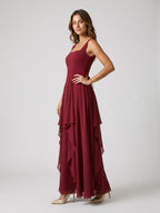 Burgundy Chiffon A-Line Square Criss-Cross Floor Dress with Ruffles - Curvevia