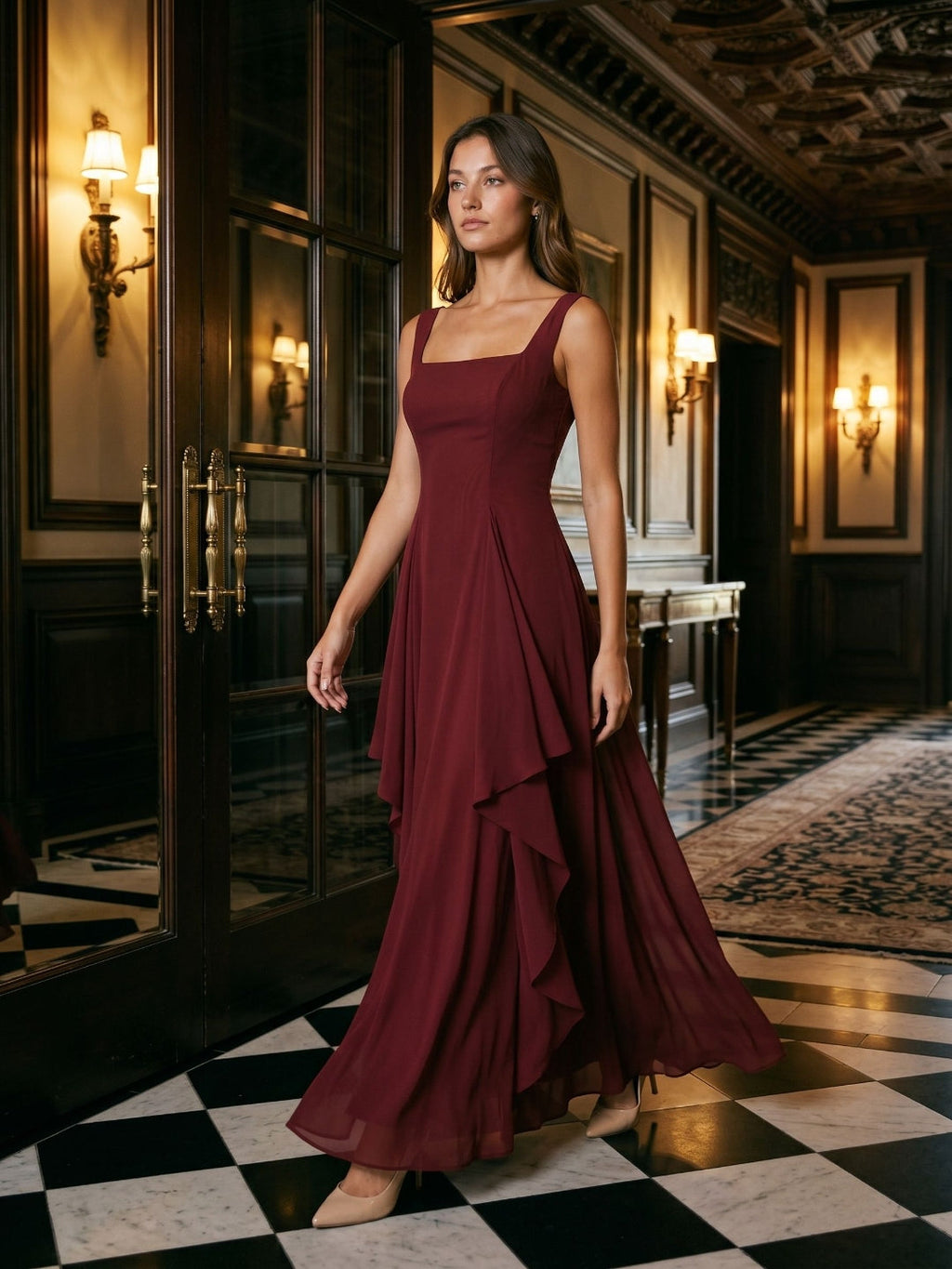 Burgundy Chiffon A-Line Square Criss-Cross Floor Dress with Ruffles - Curvevia