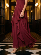 Burgundy Chiffon A-Line Square Criss-Cross Floor Dress with Ruffles - Curvevia