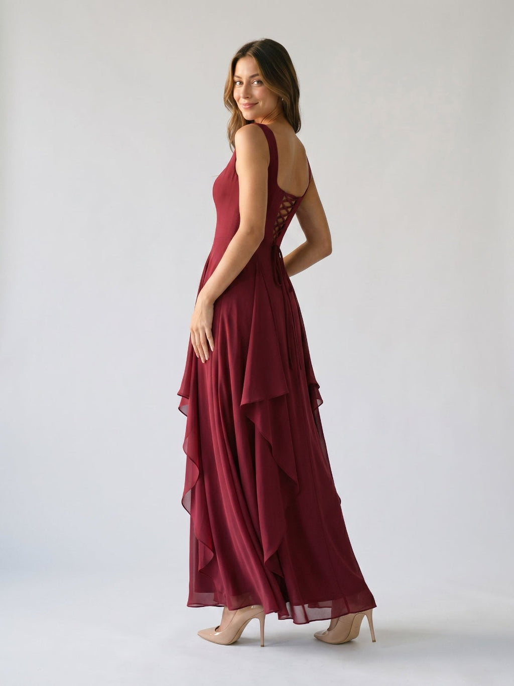 Burgundy Chiffon A-Line Square Criss-Cross Floor Dress with Ruffles - Curvevia