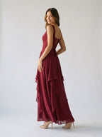 Burgundy Chiffon A-Line Square Criss-Cross Floor Dress with Ruffles - Curvevia