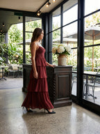 Burgundy Chiffon A-Line Sweetheart Backless Ankle-Length Bridesmaid Dress with Ruffles - Curvevia