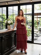 Burgundy Chiffon A-Line Sweetheart Backless Ankle-Length Bridesmaid Dress with Ruffles - Curvevia