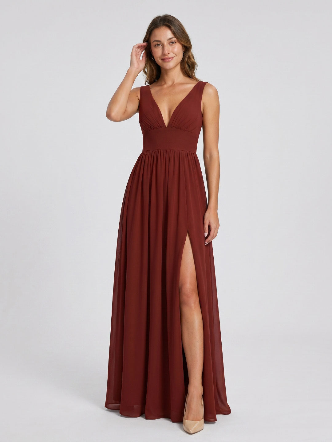 Burgundy Chiffon A-Line V-Neck Back Zip Floor-Length Bridesmaid Dress with Pleating - Curvevia