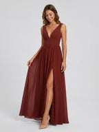 Burgundy Chiffon A-Line V-Neck Back Zip Floor-Length Bridesmaid Dress with Pleating - Curvevia