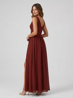 Burgundy Chiffon A-Line V-Neck Back Zip Floor-Length Bridesmaid Dress with Pleating - Curvevia