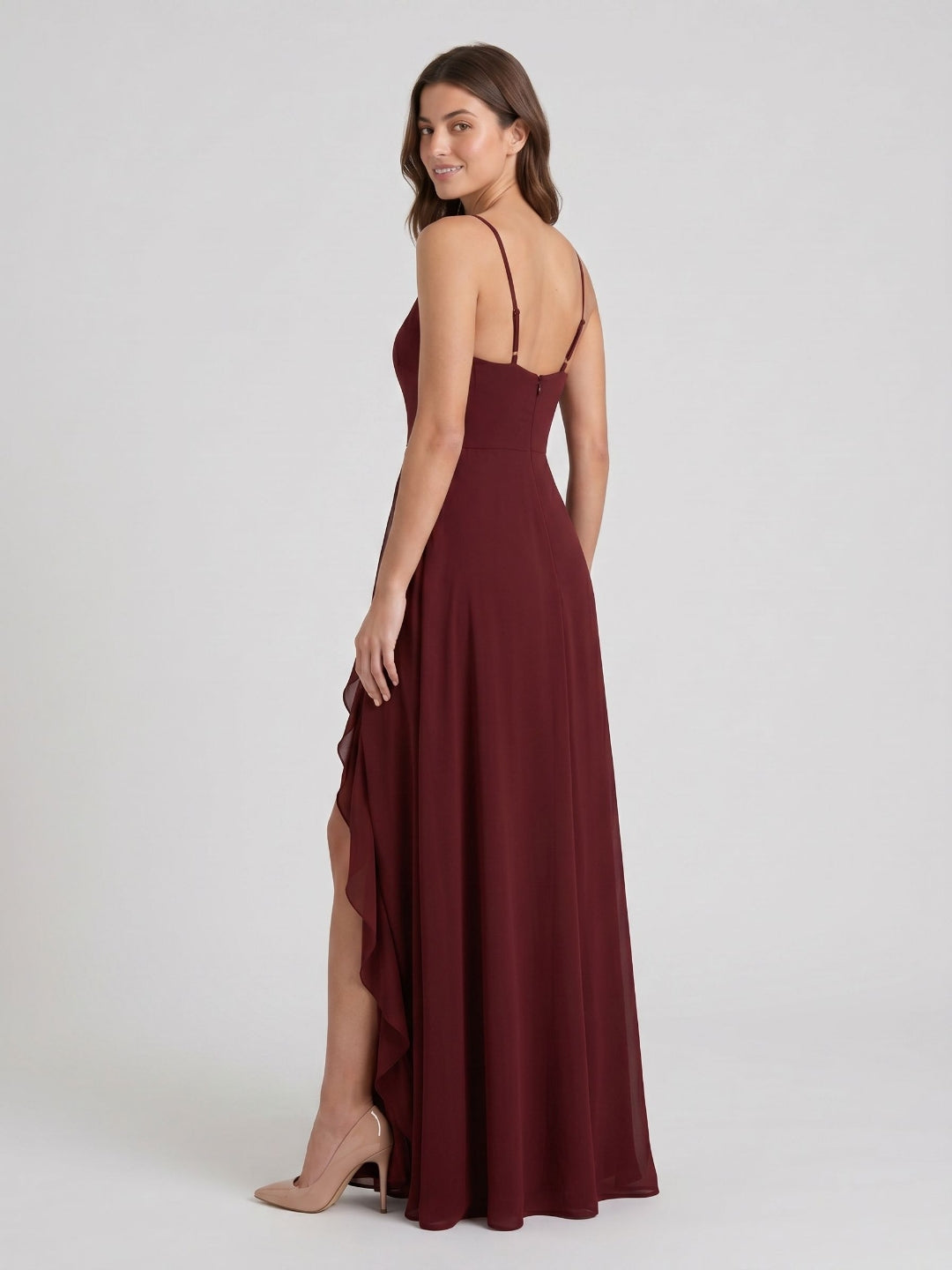 Burgundy Chiffon A-Line V-Neck Back Zip Floor-Length Bridesmaid Dress with Ruffles - Curvevia