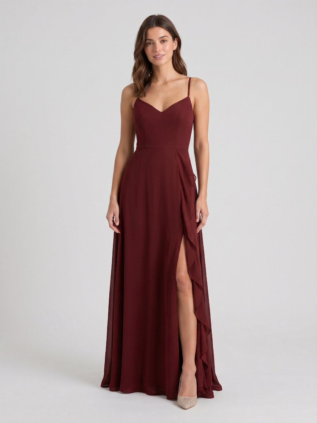 Burgundy Chiffon A-Line V-Neck Back Zip Floor-Length Bridesmaid Dress with Ruffles - Curvevia
