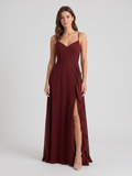 Burgundy Chiffon A-Line V-Neck Back Zip Floor-Length Bridesmaid Dress with Ruffles - Curvevia