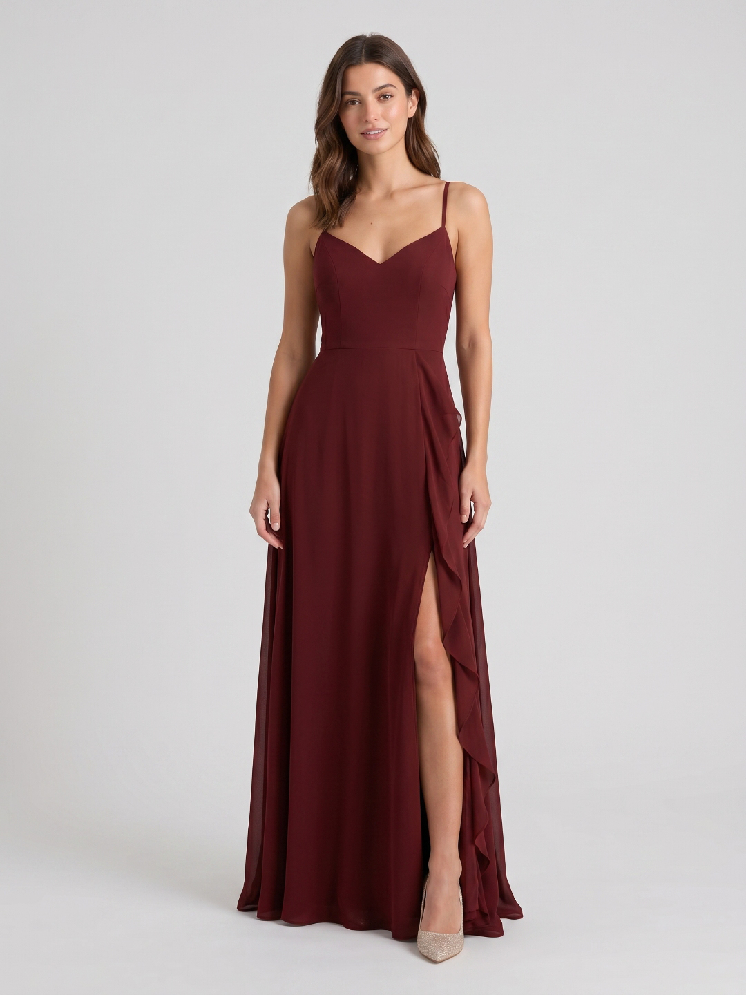 Burgundy Chiffon A-Line V-Neck Back Zip Floor-Length Bridesmaid Dress with Ruffles - Curvevia