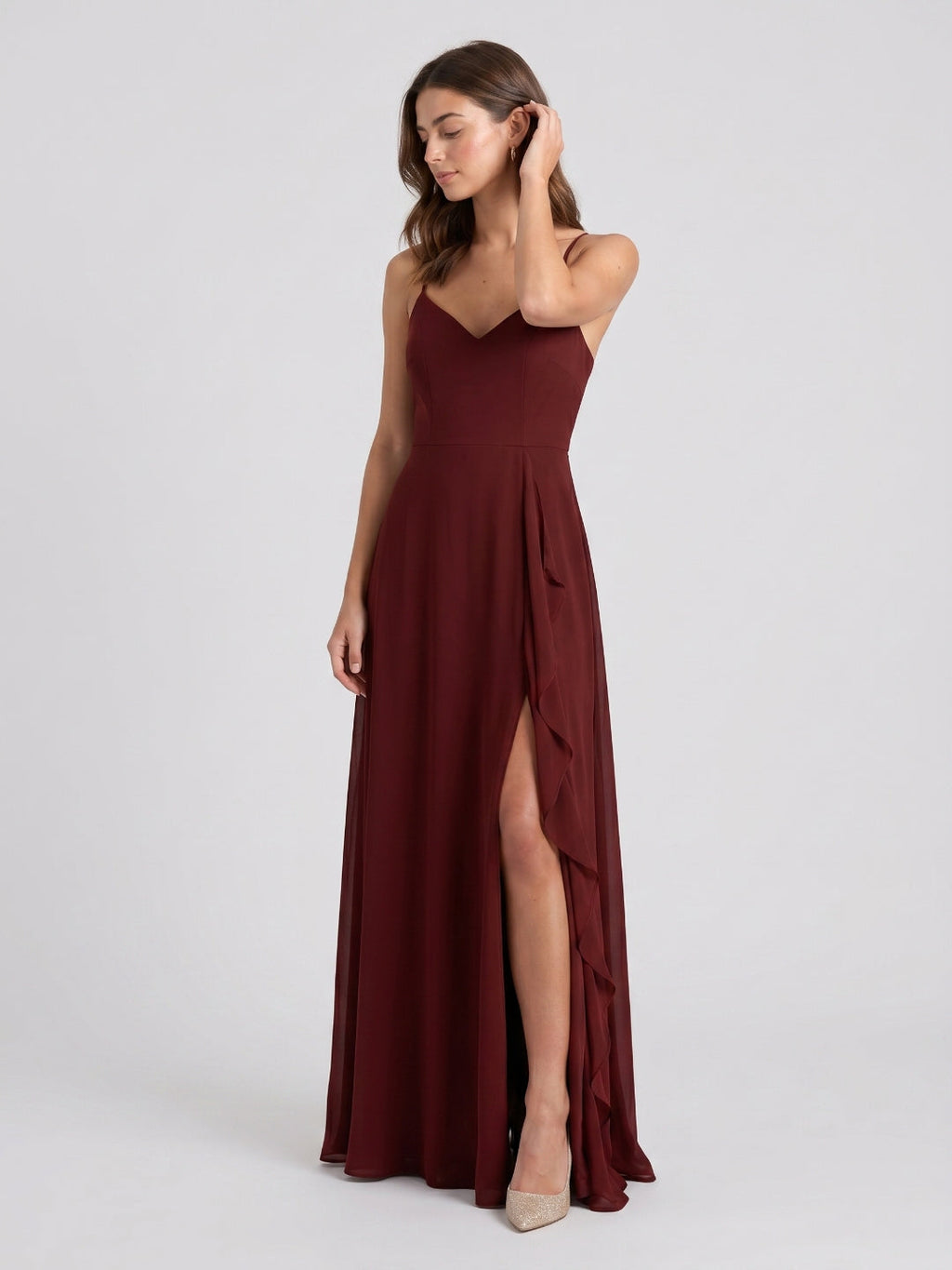 Burgundy Chiffon A-Line V-Neck Back Zip Floor-Length Bridesmaid Dress with Ruffles - Curvevia